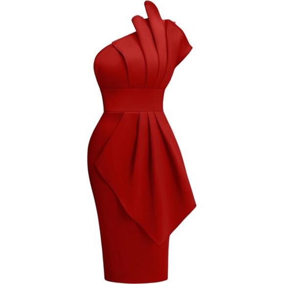 Women's Elegant One Shoulder Pleated Midi Dress Red - Picture 1 of 4